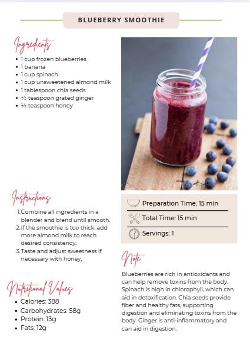 K&ouml;nnte beinhalten: Ein Rezept f&uuml;r einen Blaubeer-Smoothie mit Zutaten, Anleitung und N&auml;hrwerten. Der Smoothie befindet sich in einem Glas mit einem gestreiften Strohhalm, umgeben von Blaubeeren. Der Text enth&auml;lt die Zubereitungs- und Gesamtzeit von 15 Minuten.
