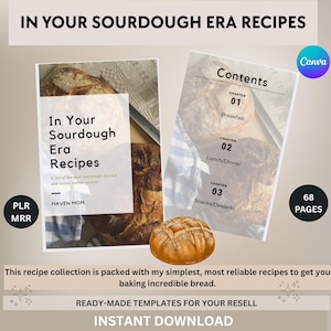 Puede incluir: Un libro de cocina digital titulado "In Your Sourdough Era Recipes" con una imagen de pan en la portada. La página de contenido enumera capítulos para desayuno, almuerzo/cena y snacks/postres. Incluye "68 páginas" y texto de "Descarga instantánea".