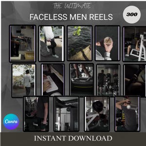 Könnte beinhalten: Werbung für ein digitales Produkt mit einer Sammlung von Reels für Männer ohne Gesichter. Das Bild zeigt verschiedene Lifestyle-Szenen, darunter Workouts im Fitnessstudio, Umgebungen im Freien und alltägliche Aktivitäten. Der Text enthält "THE ULTIMATE FACELLESS MEN REELS" und "INSTANT DOWNLOAD".