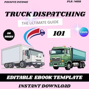 Puede incluir: Una portada de libro electrónico con el título "Truck Dispatching" en negrita negra. La portada presenta ilustraciones de dos camiones, uno blanco y otro verde, sobre un fondo rosa. El texto incluye "The Ultimate Guide", "101" y "Editable Ebook Template".