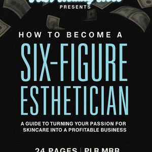 Pode incluir: Imagem promocional com fundo preto com o texto "PLR Beauty Boss Presents How to Become a Six-Figure Esthetician". O texto é azul claro. A imagem também inclui notas de dólar flutuantes e o texto "24 páginas | PLR MRR".