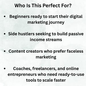 May include: Text on a white background reads "Who Is This Perfect For?" followed by bullet points: Beginners, Side hustlers, Content creators, and Coaches, freelancers, and online entrepreneurs.
