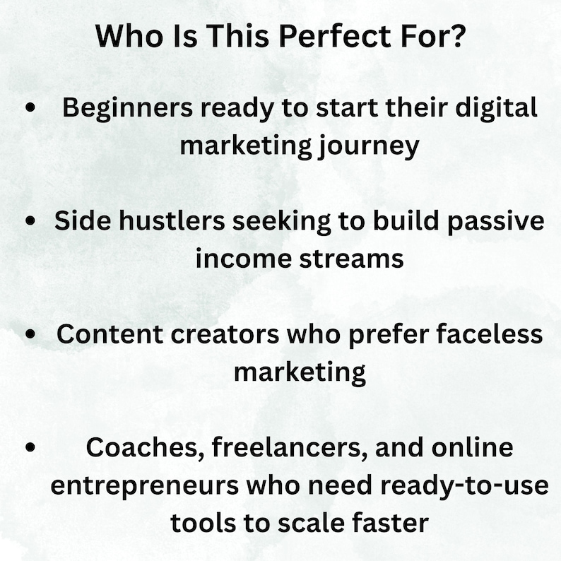 May include: Text on a white background reads "Who Is This Perfect For?" followed by bullet points: Beginners, Side hustlers, Content creators, and Coaches, freelancers, and online entrepreneurs.