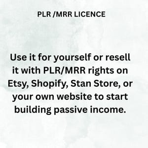 K&ouml;nnte beinhalten: Wei&szlig;er Hintergrund mit schwarzem Text. Der Text lautet "PLR / MRR LICENCE". Darunter steht: "Nutzen Sie es f&uuml;r sich selbst oder verkaufen Sie es mit PLR/MRR-Rechten auf Etsy, Shopify, Stan Store oder Ihrer eigenen Website, um passives Einkommen zu generieren."
