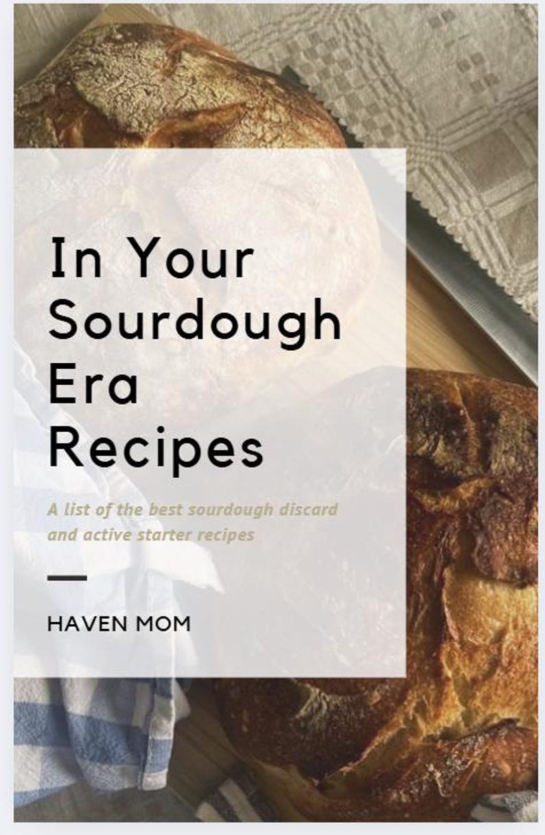 Puede incluir: Imagen de dos hogazas de pan de masa madre con un cuchillo y una superposici&oacute;n de texto. El texto dice "In Your Sourdough Era Recipes" y "A list of the best sourdough discard and active starter recipes". La marca "HAVEN MOM" tambi&eacute;n es visible.