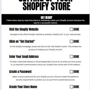 May include: A black and white guide titled "SETTING UP YOUR SHOPIFY STORE." The guide provides step-by-step instructions to create a Shopify account. Instructions include visiting the website, clicking "Get Started," entering an email, creating a password, and choosing a store name.