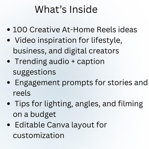 Op de afbeelding: Witte achtergrond met de tekst "What's Inside" en opsommingstekens met functies. Bevat 100 Reels-idee&euml;n, video-inspiratie, trending audiosuggesties, engagement prompts, filmtips en een bewerkbare Canva-lay-out.