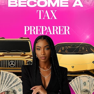 May include: A promotional image with the text "HOW TO BECOME A TAX PREPARER" in white and gold lettering on a pink background. A woman in a black blazer is centered, flanked by gold cars and cash. The text "79 PAGES • PLR / MRR" is at the bottom.