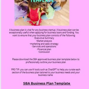 Puede incluir: Imagen de ni&ntilde;os reunidos alrededor de una colorida alfombra de juego, con el texto "BUSINESS PLAN TEMPLATE" superpuesto. La imagen est&aacute; sobre un fondo rosa con texto sobre planes de negocios y un enlace a una plantilla de la SBA.