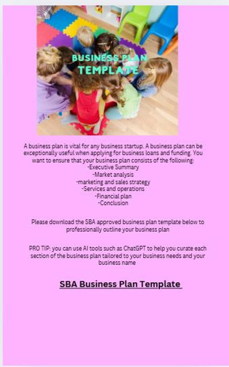 Puede incluir: Imagen de ni&ntilde;os reunidos alrededor de una colorida alfombra de juego, con el texto "BUSINESS PLAN TEMPLATE" superpuesto. La imagen est&aacute; sobre un fondo rosa con texto sobre planes de negocios y un enlace a una plantilla de la SBA.