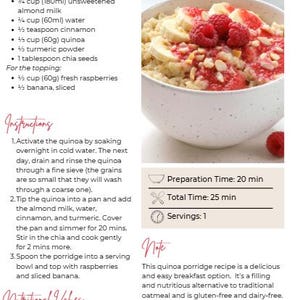 K&ouml;nnte beinhalten: Ein Rezept f&uuml;r Quinoa-Porridge mit Zutaten und Anweisungen. Das Gericht enth&auml;lt Quinoa, Mandelmilch, Himbeeren und Banane. Das Bild zeigt eine Sch&uuml;ssel mit dem fertigen Porridge, garniert mit frischen Fr&uuml;chten. Zubereitungszeit 20 Minuten, Gesamtzeit 25 Minuten, ergibt 1 Portion.
