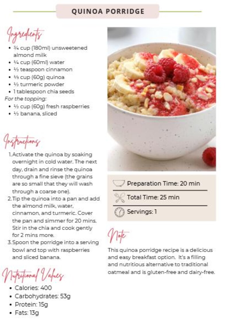 K&ouml;nnte beinhalten: Ein Rezept f&uuml;r Quinoa-Porridge mit Zutaten und Anweisungen. Das Gericht enth&auml;lt Quinoa, Mandelmilch, Himbeeren und Banane. Das Bild zeigt eine Sch&uuml;ssel mit dem fertigen Porridge, garniert mit frischen Fr&uuml;chten. Zubereitungszeit 20 Minuten, Gesamtzeit 25 Minuten, ergibt 1 Portion.