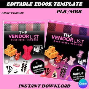 May include: An ebook template with the title "The Vendor List" and the text "Over 3000+ Vendors." The cover features illustrations of a corset, clothing, and other items. The words "Instant Download" are also visible.