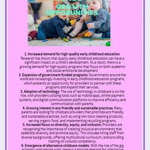 Puede incluir: Imagen de una mujer sonriendo con dos ni&ntilde;os peque&ntilde;os. El texto "TRENDS & GROWTH OPPORTUNITIES" est&aacute; en la parte superior. La imagen trata sobre la educaci&oacute;n de la primera infancia, destacando la creciente demanda, los programas gubernamentales, la tecnolog&iacute;a, las pr&aacute;cticas ecol&oacute;gicas, la diversidad y los modelos alternativos de cuidado infantil.