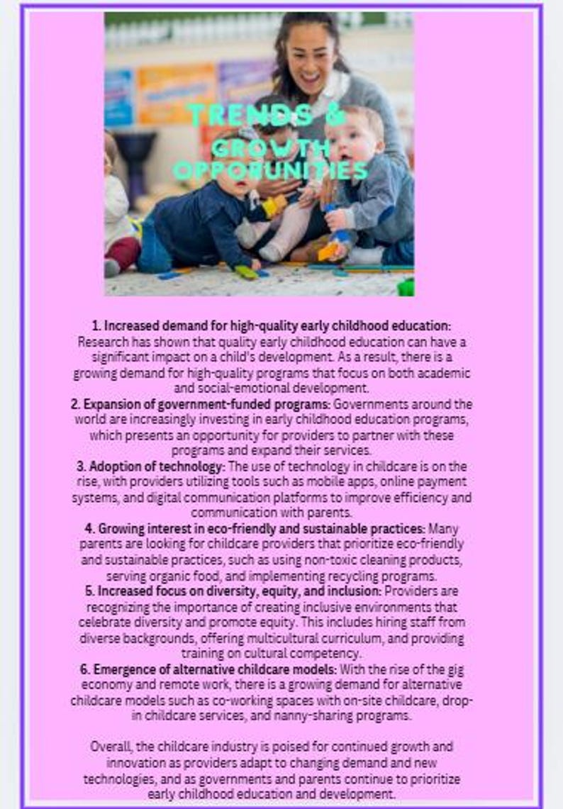 Puede incluir: Imagen de una mujer sonriendo con dos ni&ntilde;os peque&ntilde;os. El texto "TRENDS & GROWTH OPPORTUNITIES" est&aacute; en la parte superior. La imagen trata sobre la educaci&oacute;n de la primera infancia, destacando la creciente demanda, los programas gubernamentales, la tecnolog&iacute;a, las pr&aacute;cticas ecol&oacute;gicas, la diversidad y los modelos alternativos de cuidado infantil.