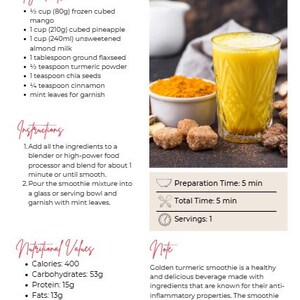 K&ouml;nnte beinhalten: Rezept f&uuml;r einen goldenen Kurkuma-Smoothie mit Zutaten wie Mango, Ananas und Mandelmilch. Das Bild zeigt ein Glas des Smoothies, eine Sch&uuml;ssel mit Kurkumapulver und N&auml;hrwertangaben.