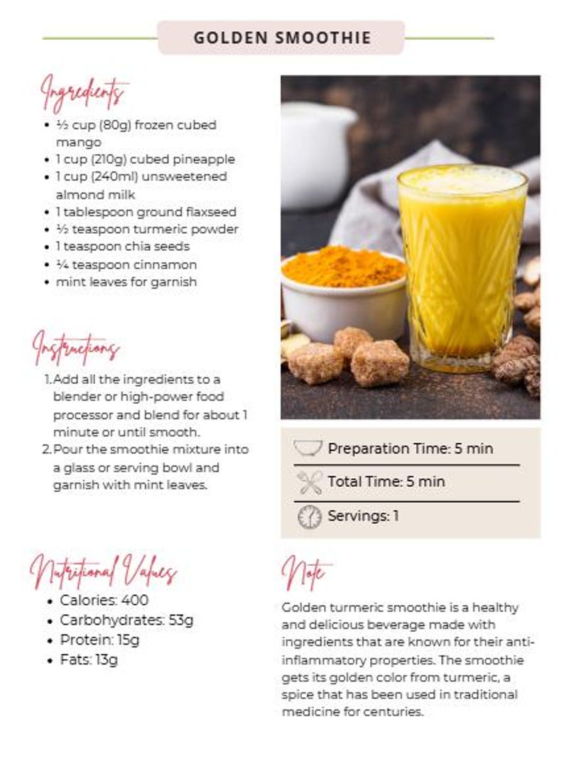 K&ouml;nnte beinhalten: Rezept f&uuml;r einen goldenen Kurkuma-Smoothie mit Zutaten wie Mango, Ananas und Mandelmilch. Das Bild zeigt ein Glas des Smoothies, eine Sch&uuml;ssel mit Kurkumapulver und N&auml;hrwertangaben.