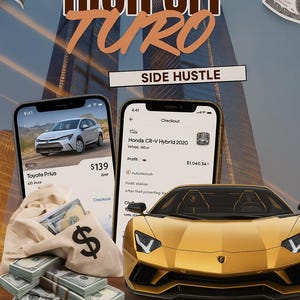 Puede incluir: Imagen que promociona un ingreso extra, con el texto "RICH OFF TURO" y "SIDE HUSTLE". Incluye un coche deportivo dorado, dinero en efectivo y pantallas de teléfonos móviles que muestran detalles de alquiler de coches. También está presente el texto "PLR MRR • PAGE 22".