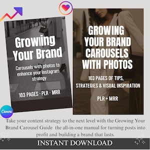 May include: Two digital guides titled "Growing Your Brand" and "Growing Your Brand Carousels With Photos." The guides feature images of people and text about Instagram strategy, tips, and inspiration. The guides are available for instant download.