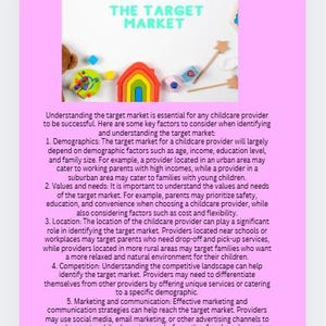 Puede incluir: Imagen con el texto "UNDERSTANDING THE TARGET MARKET" y factores clave para proveedores de cuidado infantil. Incluye juguetes de madera coloridos y un juguete en forma de arco&iacute;ris.