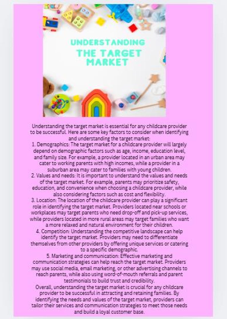 Puede incluir: Imagen con el texto "UNDERSTANDING THE TARGET MARKET" y factores clave para proveedores de cuidado infantil. Incluye juguetes de madera coloridos y un juguete en forma de arco&iacute;ris.