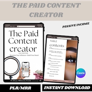 Peut inclure: Couverture de produit numérique avec le texte "The Paid Content Creator" et "Passive Income". La couverture présente une tablette avec le titre et un téléphone avec un anneau lumineux. La deuxième tablette affiche une table des matières.