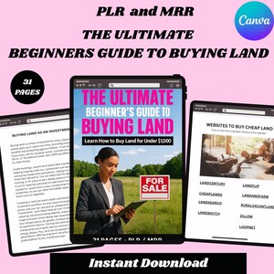 Könnte beinhalten: Ein digitaler Ratgeber mit dem Titel "The Ultimate Beginner's Guide to Buying Land" mit einer Frau, die ein Tablet hält. Der Ratgeber enthält Informationen zum Kauf von Land für unter 1.000 $. Das Bild zeigt auch ein "Zu verkaufen"-Schild und den Text "Sofort-Download".