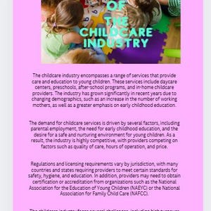 Puede incluir: Imagen de ni&ntilde;os jugando sobre alfombras coloridas, con el texto "OVERVIEW OF THE CHILDCARE INDUSTRY" en la parte superior. La imagen est&aacute; sobre un fondo rosa, con texto que describe la industria del cuidado infantil.
