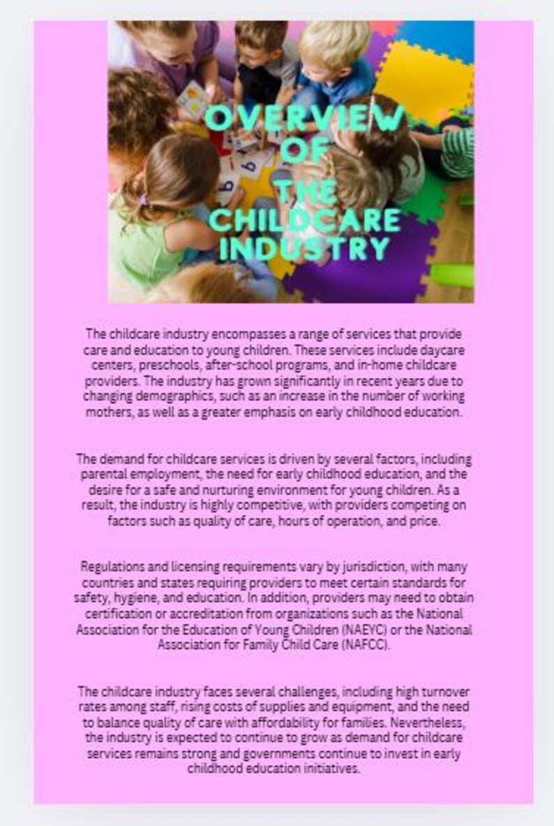 Puede incluir: Imagen de ni&ntilde;os jugando sobre alfombras coloridas, con el texto "OVERVIEW OF THE CHILDCARE INDUSTRY" en la parte superior. La imagen est&aacute; sobre un fondo rosa, con texto que describe la industria del cuidado infantil.