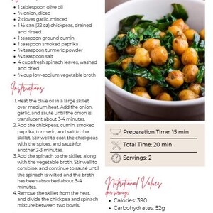 K&ouml;nnte beinhalten: Rezept f&uuml;r Kichererbsen mit Kurkuma und Spinat. Das Bild zeigt eine Sch&uuml;ssel mit Kichererbsen und Spinat. Das Rezept enth&auml;lt Zutaten, Anweisungen, Zubereitungszeit, Gesamtzeit, Portionen und N&auml;hrwerte.