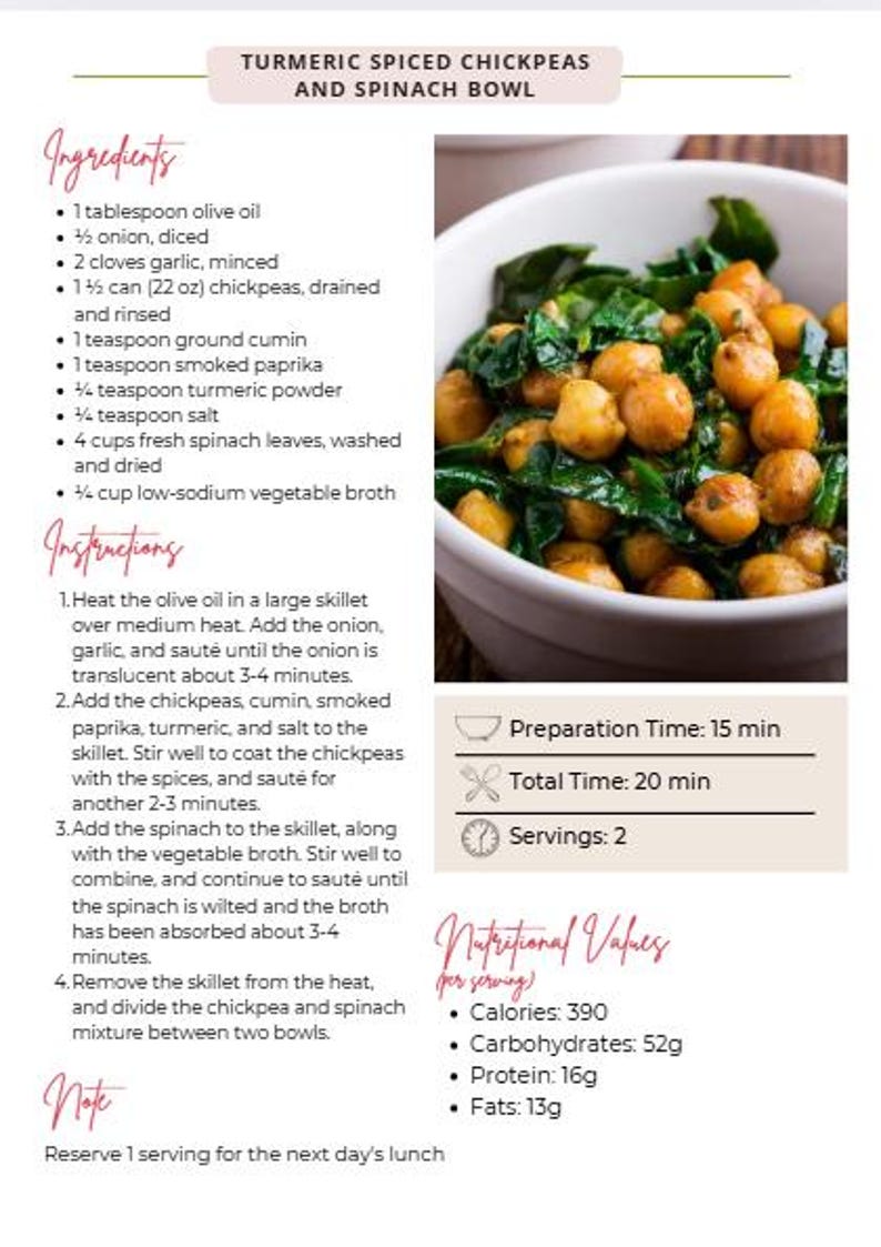 K&ouml;nnte beinhalten: Rezept f&uuml;r Kichererbsen mit Kurkuma und Spinat. Das Bild zeigt eine Sch&uuml;ssel mit Kichererbsen und Spinat. Das Rezept enth&auml;lt Zutaten, Anweisungen, Zubereitungszeit, Gesamtzeit, Portionen und N&auml;hrwerte.