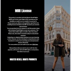 May include: A digital product advertisement with the text "MRR License" and "Master Resell Rights Products." The image features a woman standing on a city street with a tall building in the background. The text explains the product's resell rights.