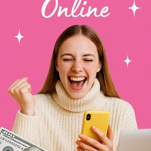 May include: A woman with long brown hair and a cream-colored turtleneck sweater is smiling and holding a yellow smartphone. The background is pink with the words "MAKING MONEY Online" and text that reads "PLR MRR • 38 PAGES" and a hundred dollar bill.