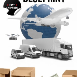 May include: An image promoting e-commerce with the text "The Shipping Store Blueprint." It features a globe, airplane, drone, delivery vans, a semi-truck, cardboard boxes, and a bag of money, symbolizing various aspects of online retail.