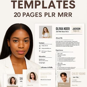 Può includere: Una raccolta di modelli di curriculum vitae con il testo "RESUME TEMPLATES 20 PAGES PLR MRR". I curriculum vitae presentano foto, informazioni di contatto, sezioni di istruzione, competenze ed esperienza. Il design è pulito e professionale.