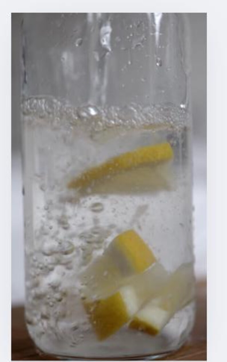 Op de afbeelding: Een helder glas gevuld met bruisend water en citroenpartjes. De citroenpartjes, met gele schil, zijn gedeeltelijk ondergedompeld in de bruisende vloeistof. Het glas is bedekt met condensatie.