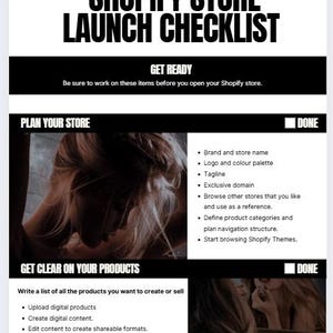 May include: A black and white Shopify Store Launch Checklist. The checklist includes sections for planning the store and getting clear on products. Text includes "Get Ready" and "Plan Your Store".
