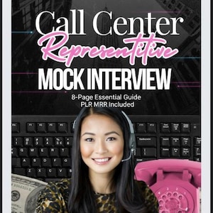 May include: An image promoting a call centre mock interview guide. It features a woman wearing a headset, a keyboard, and a pink telephone. Text includes "Call Center Representative MOCK INTERVIEW" and "MASTER YOUR INTERVIEW • GET THE JOB."