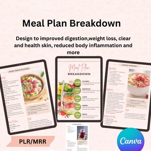 K&ouml;nnte beinhalten: Eine digitale Grafik zur Aufschl&uuml;sselung des Ern&auml;hrungsplans mit Text und Bildern. Der Plan umfasst eine gr&uuml;ne Smoothie-Sch&uuml;ssel, eine Aufschl&uuml;sselung des Ern&auml;hrungsplans und Quinoa-Porridge-Rezepte. Der Text enth&auml;lt Kalorieninformationen und das Canva-Logo.