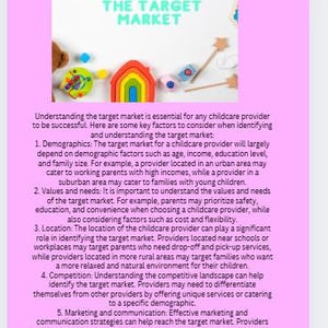 Puede incluir: La imagen presenta el texto "UNDERSTANDING THE TARGET MARKET" en color turquesa. Incluye juguetes de madera coloridos, como una casa arco&iacute;ris, estrellas y formas geom&eacute;tricas, lo que sugiere un enfoque en la educaci&oacute;n infantil y los servicios de cuidado infantil.