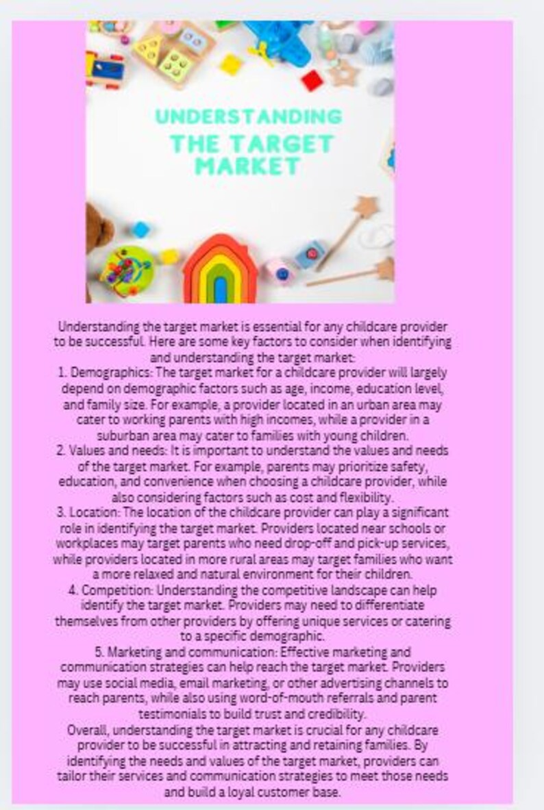 Puede incluir: La imagen presenta el texto "UNDERSTANDING THE TARGET MARKET" en color turquesa. Incluye juguetes de madera coloridos, como una casa arco&iacute;ris, estrellas y formas geom&eacute;tricas, lo que sugiere un enfoque en la educaci&oacute;n infantil y los servicios de cuidado infantil.