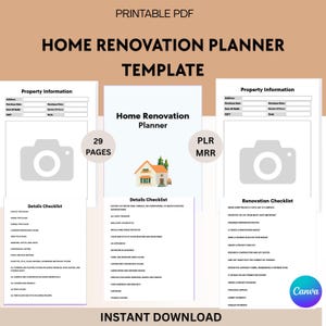 Puede incluir: Una plantilla imprimible en PDF para un planificador de renovación del hogar con el texto "Home Renovation Planner Template". La imagen incluye listas de verificación, formularios de información de propiedad y una imagen central de una casa.