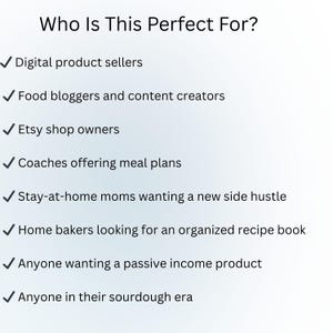Puede incluir: Fondo blanco con la pregunta "Who Is This Perfect For?" seguida de una lista de usuarios potenciales, como vendedores de productos digitales y due&ntilde;os de tiendas Etsy. Cada elemento est&aacute; marcado con una marca de verificaci&oacute;n verde.