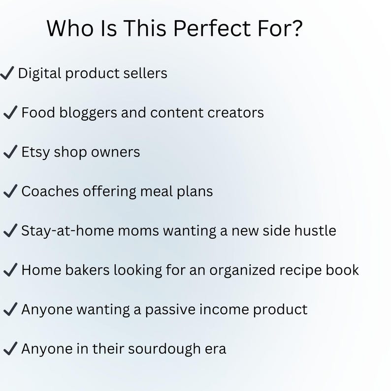 Puede incluir: Fondo blanco con la pregunta "Who Is This Perfect For?" seguida de una lista de usuarios potenciales, como vendedores de productos digitales y due&ntilde;os de tiendas Etsy. Cada elemento est&aacute; marcado con una marca de verificaci&oacute;n verde.