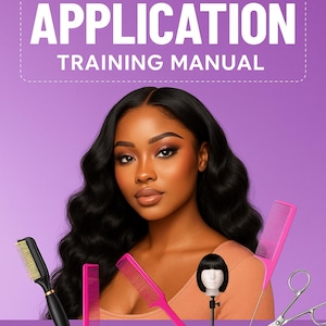 Puede incluir: Una portada de libro morada con el texto "WIG APPLICATION TRAINING MANUAL" y una foto de una mujer con cabello largo y negro. La imagen incluye peines, tijeras y una peluca sobre un soporte. El texto "40 PAGES - PLR | MRR" está en la parte inferior.