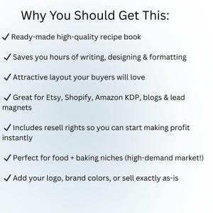 Puede incluir: Texto blanco sobre fondo azul claro. El t&iacute;tulo "Por qu&eacute; deber&iacute;as obtener esto:" va seguido de una lista de beneficios, incluyendo un libro de recetas listo para usar, un dise&ntilde;o atractivo y derechos de reventa. La fuente es clara.