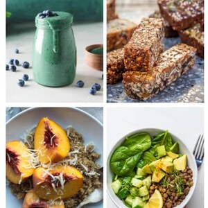 K&ouml;nnte beinhalten: Eine Collage gesunder Ern&auml;hrungsoptionen. Ein gr&uuml;ner Smoothie in einem Glas mit Blaubeeren, M&uuml;sliriegel, eine Sch&uuml;ssel Quinoa mit Pfirsichen und ein Salat mit Avocado und Linsen.