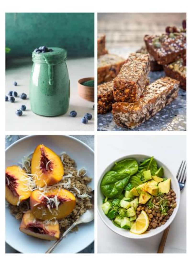 K&ouml;nnte beinhalten: Eine Collage gesunder Ern&auml;hrungsoptionen. Ein gr&uuml;ner Smoothie in einem Glas mit Blaubeeren, M&uuml;sliriegel, eine Sch&uuml;ssel Quinoa mit Pfirsichen und ein Salat mit Avocado und Linsen.