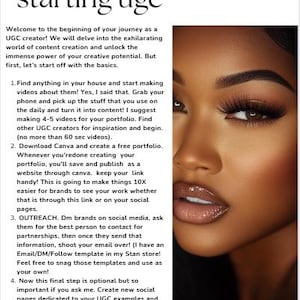 May include: A promotional image with the text "What to do first when starting ugc" and a close-up of a person's face. The text provides steps for content creators, including making videos, creating a portfolio, and contacting brands.