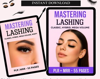 May include: Two tablets display an ebook template titled "Mastering Lashing". The cover shows a woman with long eyelashes. Text includes "Classic, Hybrid, Mega Volume, Wispy" and "PLR | MRR • 55 PAGES". The top reads "Editable Ebook Template" and "Instant Download".